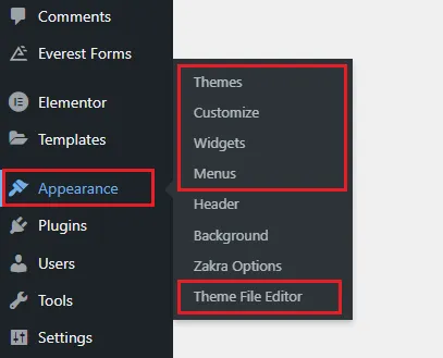 The Appearance section allows you to upload, customize theme, widgets, menus 