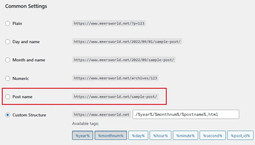 Permalinks settings in WordPress