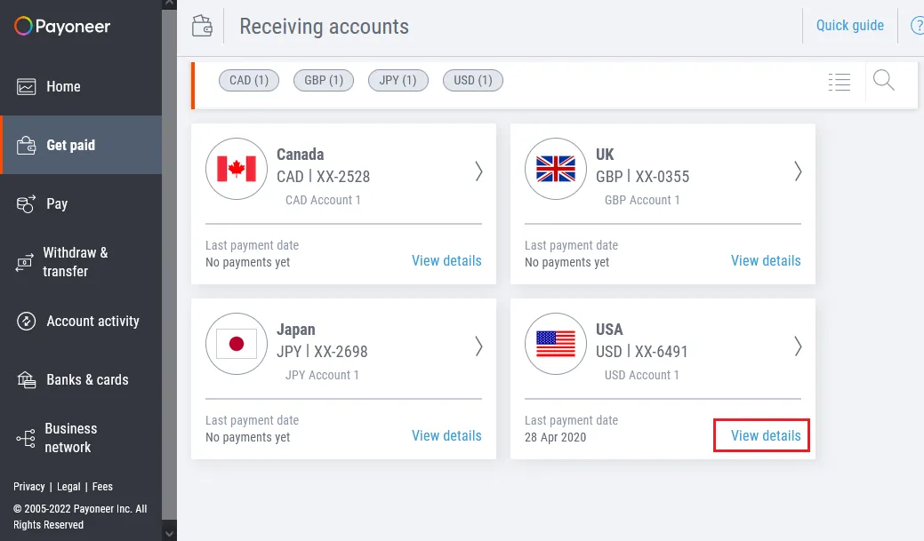 1) Click Get Paid from your Payoneer account's sidebar to open the Receiving accounts.2) Go to USA account and click the View details link.