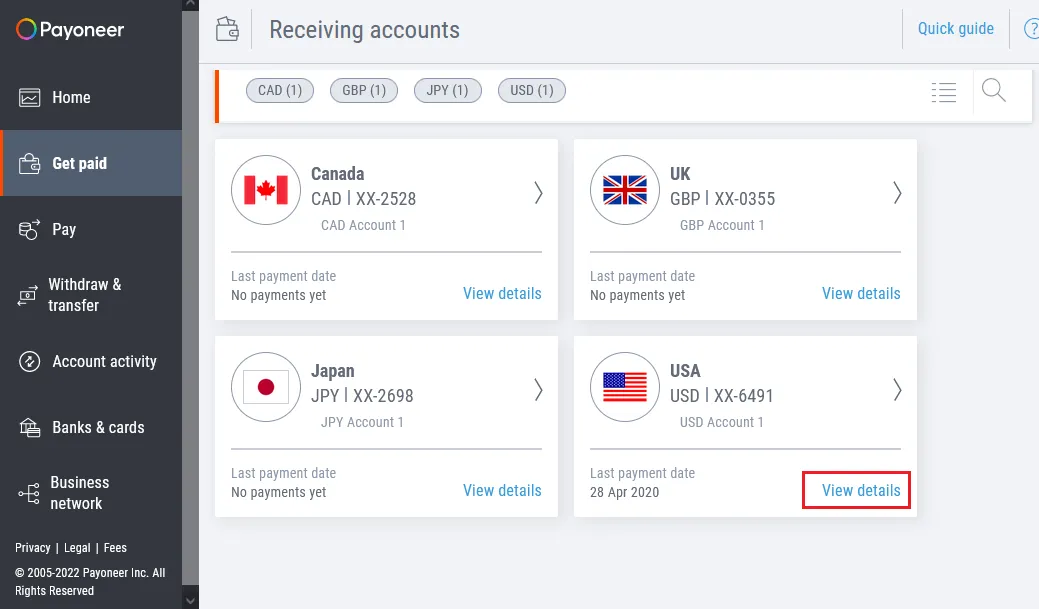 1) Click Get Paid from your Payoneer account's sidebar to open the Receiving accounts.
2) Go to USA account and click the View details link.