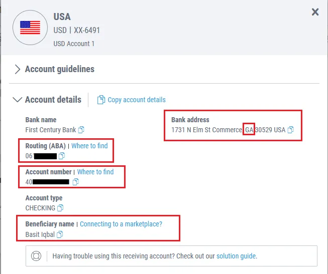 Copy the details of US receiving account like Routing (ABA), Account number, Beneficiary name, state