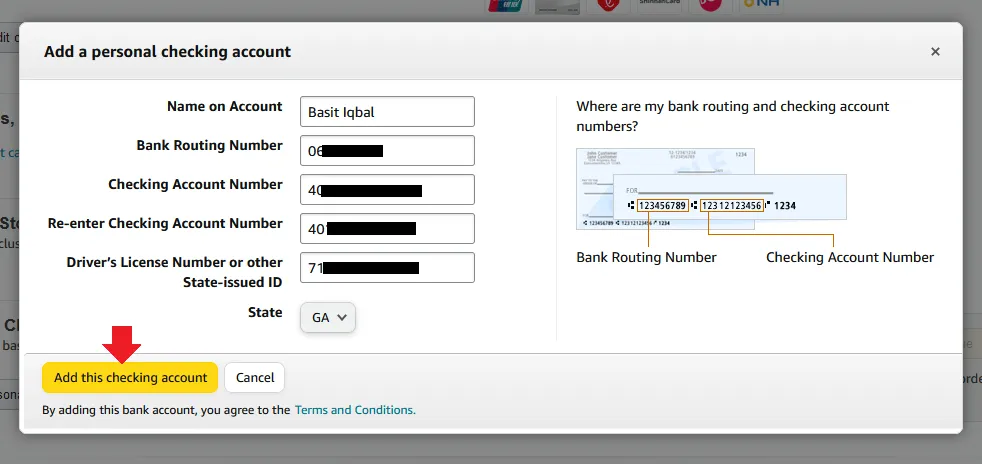 1) Fill the Receiving account details in Amazon Payment Method like this.
2) Add this checking account 