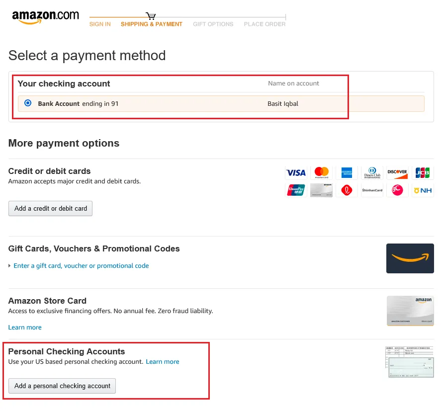 This is the SHIPPING & PAYMENT page that appears after Proceed to Checkout or Buy step when you order a product on Amazon. You can see that Amazon has automatically selected your Checking Account. 