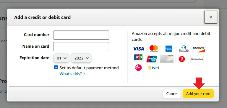 1)Enter Card number.2)Enter Name on card.3)Select the Expiration date.4)After filling the information5) click Add your card.