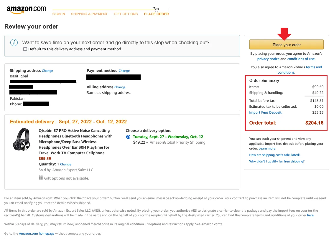 1) Review your Amazon Order Summary.
2) Click the Place your order button. 