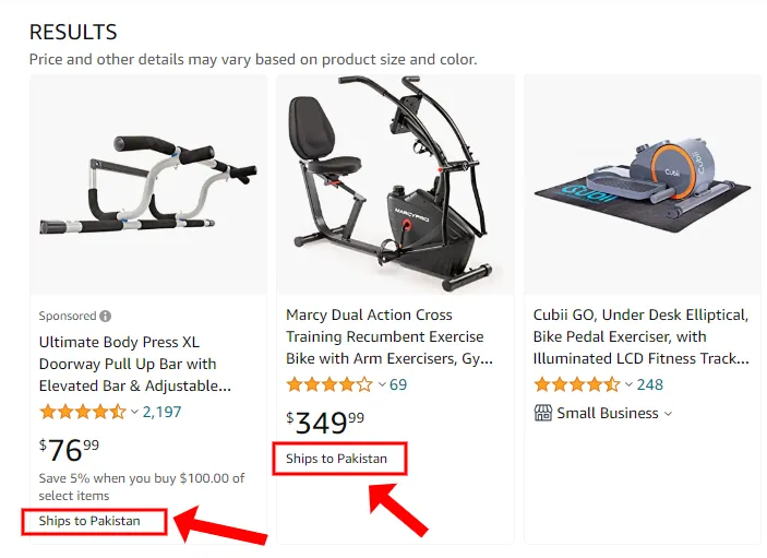 Three exercise machines on Amazon telling whether they are shipped to Pakistan or not.