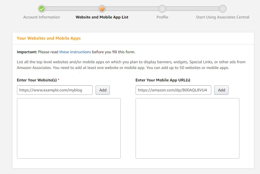 Fill the Website and Mobile Apps information Fill the Website and Mobile Apps information