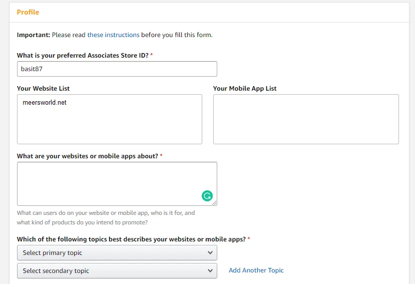 Fill your Profile like Associate Store ID, Website/app details