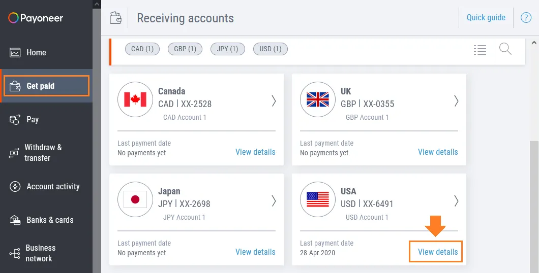 Go to USA Receiving account and click View details link. 