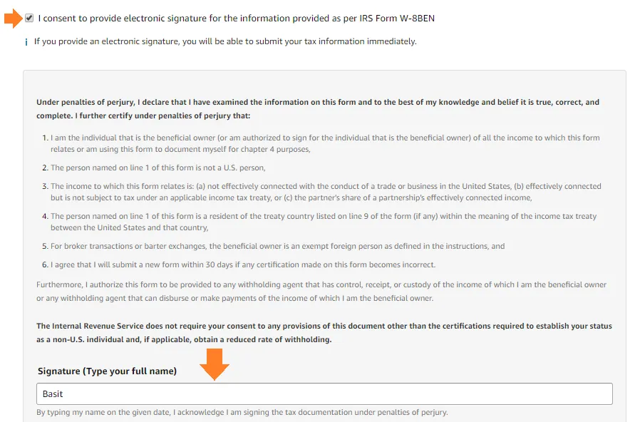 Tick "I consent to provide electronics signature......"