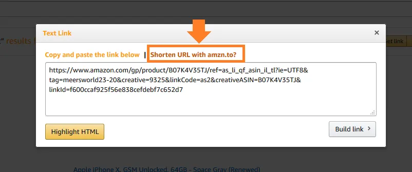 "Shorten URL with amzn.to" to get a short link