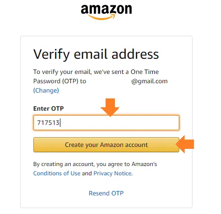 Enter OTP and Create your Amazon account