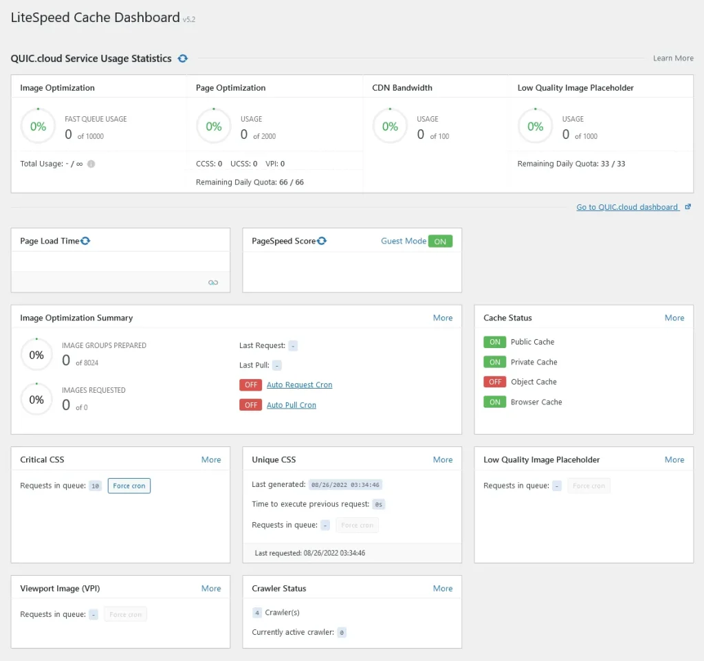 LiteSpeed Cache WordPress Plugin dashboard