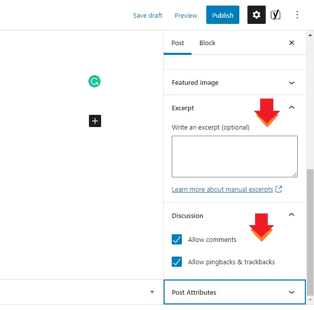 Excerpt. Featured Image, Discussion settings in WordPress Post Editor