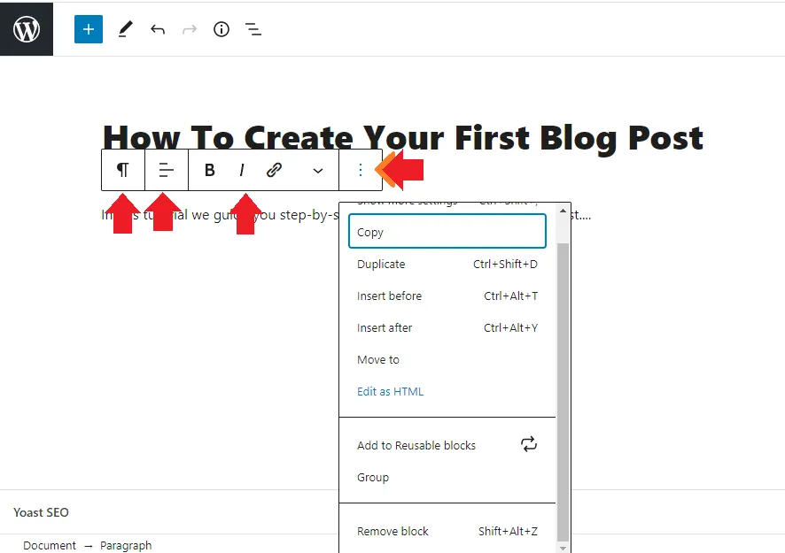 Quick Toolbar options in the WordPress Editor