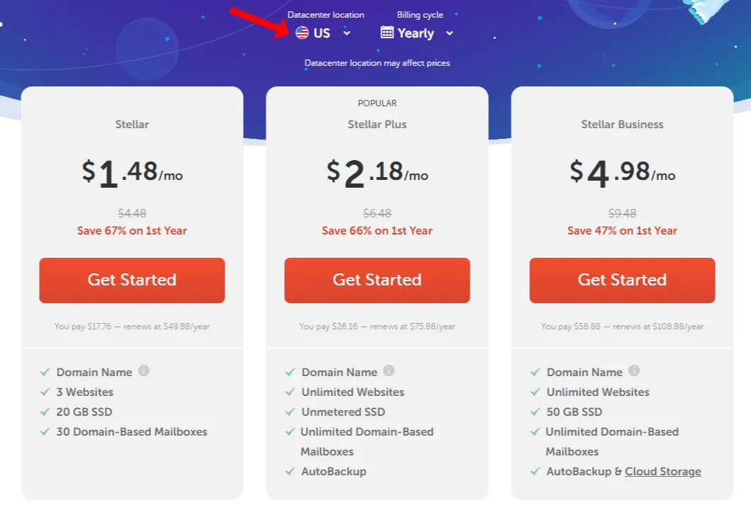 Namecheap Shared Hosting page 1) Go to Namecheap hosting page2) Choose data Center location and billing cycle3) Select a Hosting Plans and Click Get Started