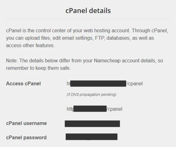 The cPanel details include: cPanel URL, Username, and Password. 