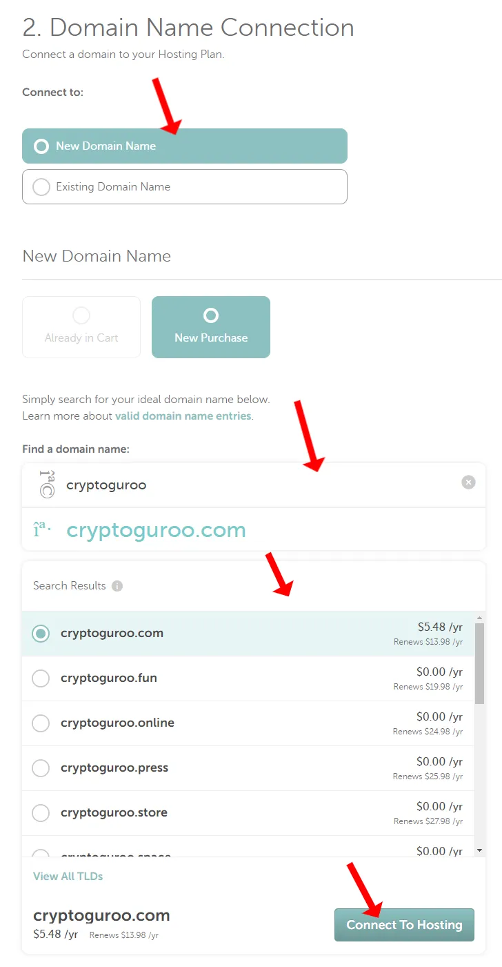 1) Select New Domain Name option. The New Purchase option will already be selected.
2) In Find a domain name textbox enter the name of your desired domain. 