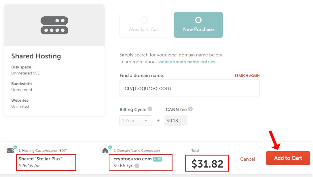 1) Here you can see the combine cost of your domain and shared hosting plan.2)Click the Add to Cart button.