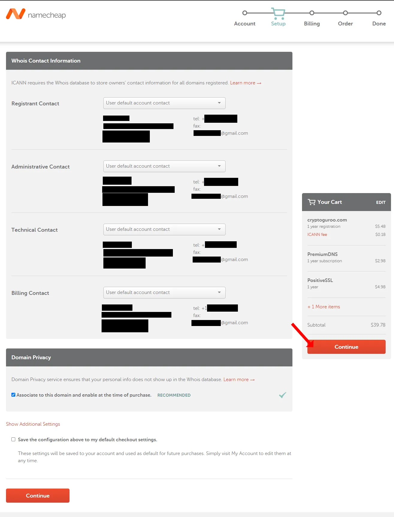 Preview your Namecheap Account Contact Information