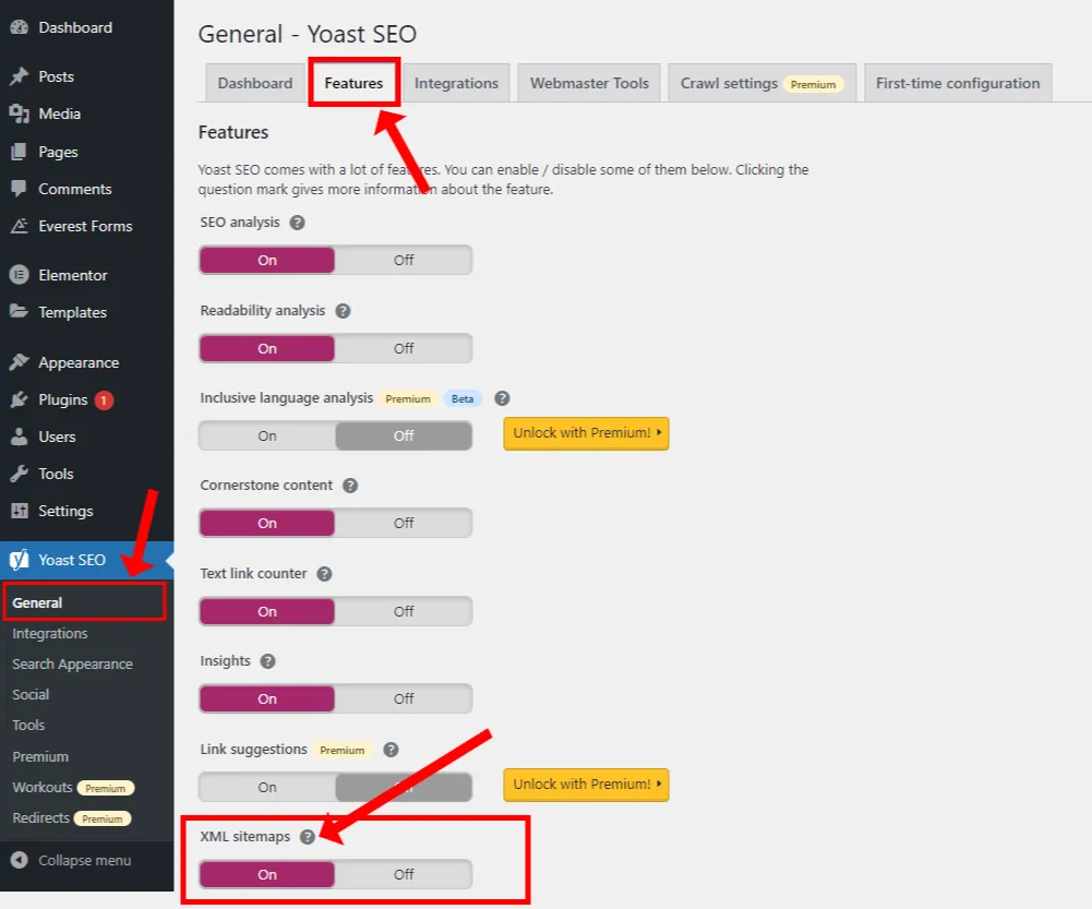 1. Click Yoast SEO from the Sidebar and go to General section.2. Open the Features tab.Scroll-down to XML sitemaps. If it is not enabled, turn it On.3. Click the Question Mark symbol, as shown by the arrow.