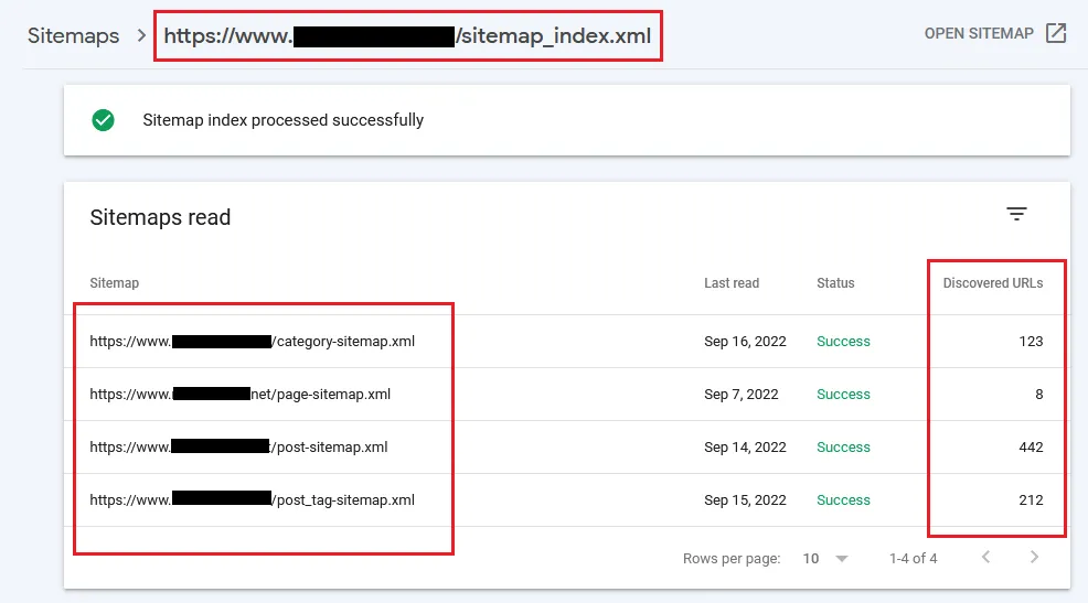 In the Sitemap read table you can see that all the four sitemaps have been submitted successfully.