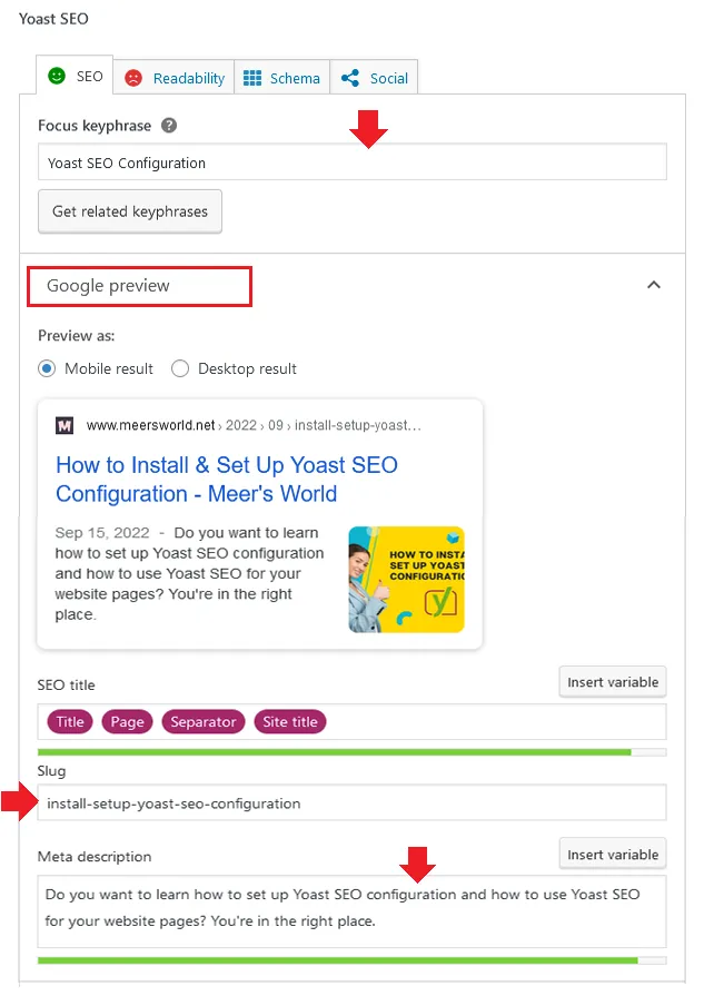 SEO Analysis configuration in Yoast like Focus keyphrase, Google Preview, Site Title. Slug, and meta description.