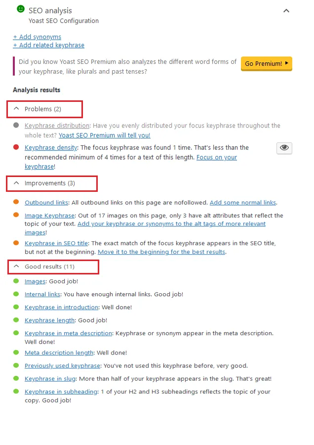 Yoast SEO Analysis lists the Problems, Improvements, and Good Results for your page content.