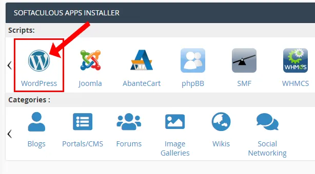 Scroll-down to "SOFTWARE" section and Click "Softaculous Apps Installer".