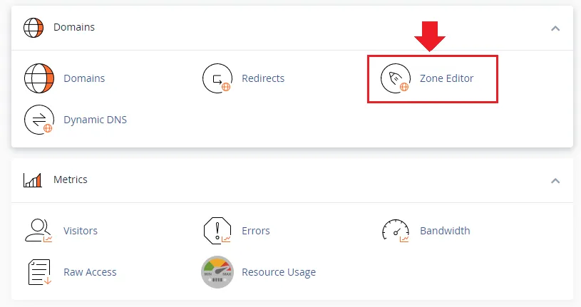 Scroll-down to DOMAINS section and click the Zone Editor link/icon.