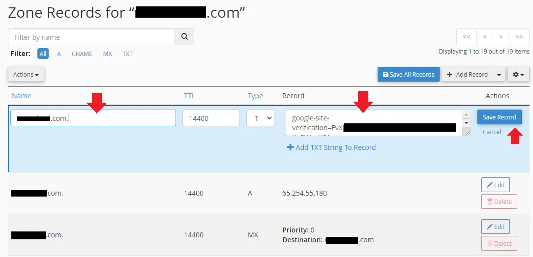 1). In the Name field, enter your root domain without http/https and www, like example.com.
2). In the Record field, paste the TXT Record that you had copied in the Verify domain ownership via DNS record step.