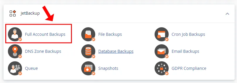 Go to JetBackup section and click the Full Account Backups link.