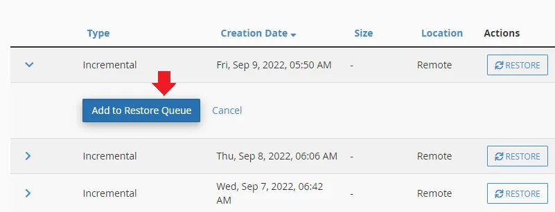 Click the Add to Restore Queue button