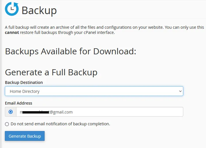 Full Backup in cPanel. Click Generate backup