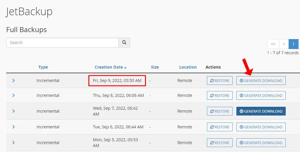 Click the Generate Download button of your desired backup Click the Generate Download button of your desired backup
