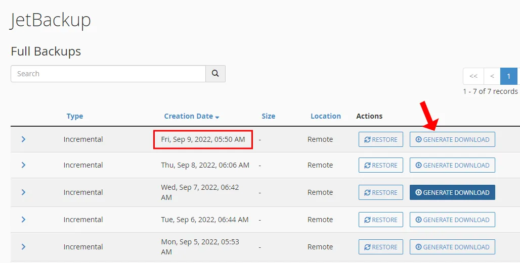 Click the Generate Download button of your desired backup