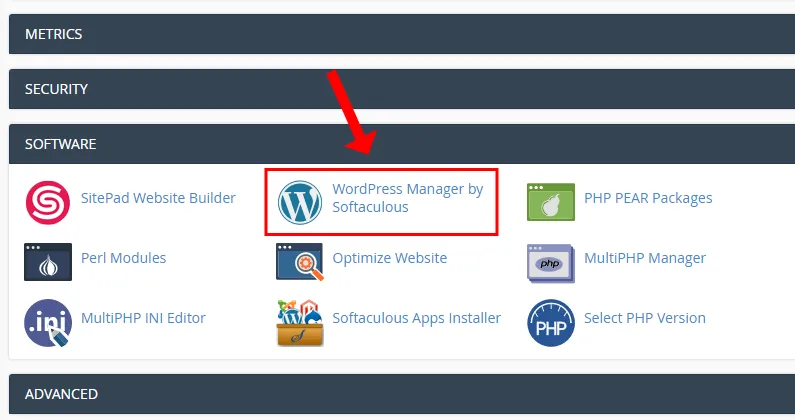 Go to SOFTWARE section and click WordPress Manager by Softaculous. 