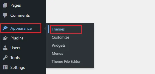 Go to Appearance from the sidebar and click Themes. Go to Appearance from the sidebar and click Themes.