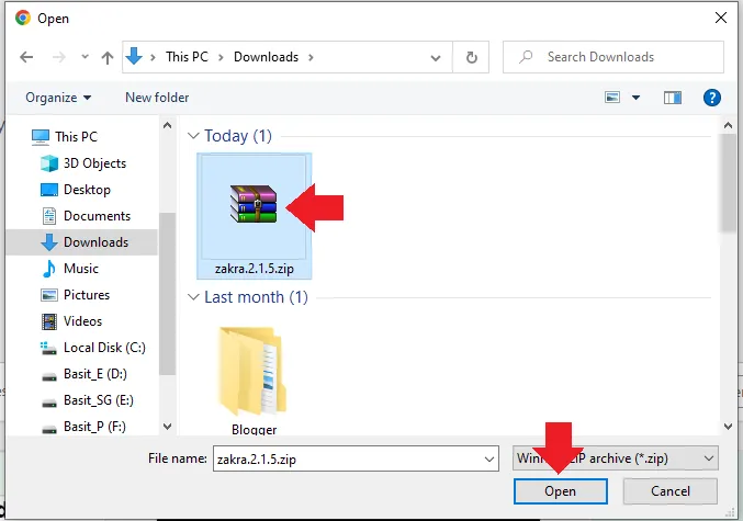 Select the zip file and click the Open button. Select the zip file and click the Open button.