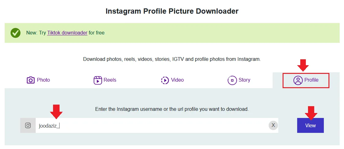 1) Go to Save Instagram Profile Picture Downloader.2) Enter the Instagram Username in the Search Textbox.3) Click the View button.