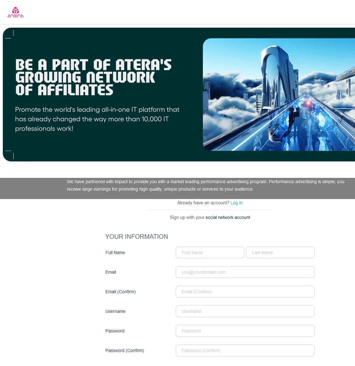 Atera RMM affiliate program Impact Radius Sign Up page