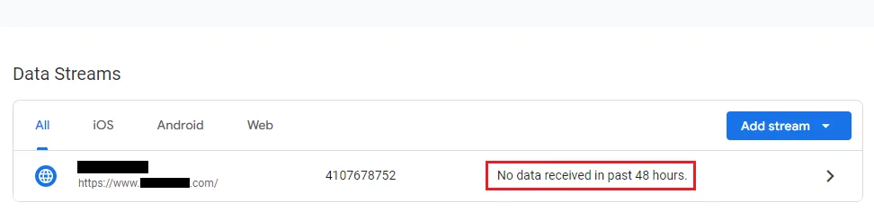 Click anywhere on your Data Stream. The data stream contains Measurement ID and Global Site Tag created for your website. The status is "No data received in past 48 hours".