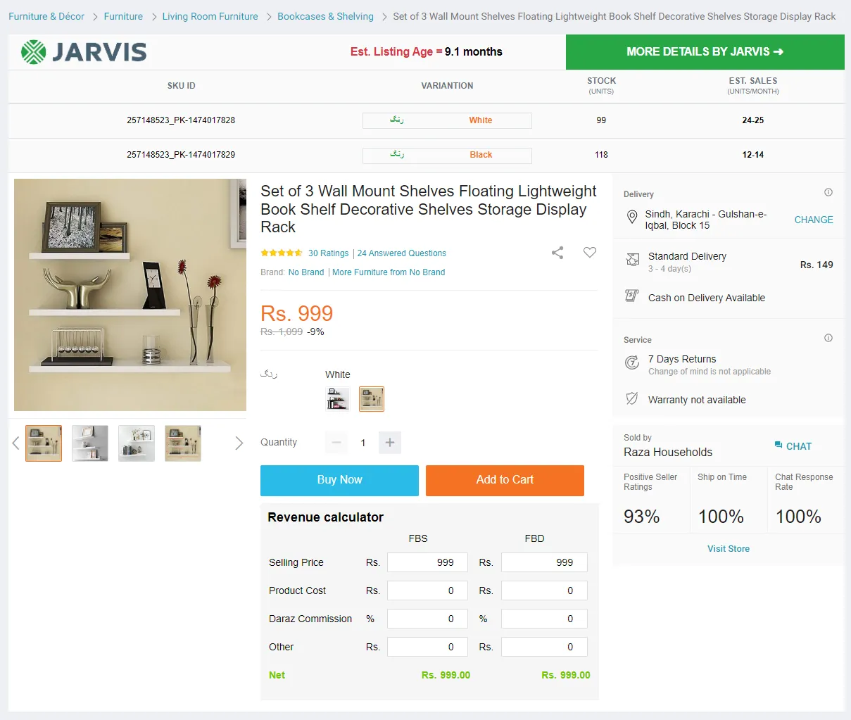 When you open a product listing on Daraz, Jarvis automatically appears on it with very useful information about the product like SKU ID, Variation, Available Units in Stock, Estimated Sales (Unit/Month), and Listing Age. 