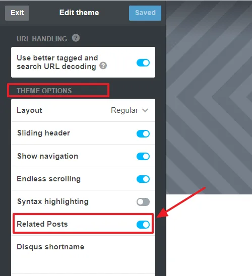 Scroll-down to THEME OPTIONS and enable the Related Posts option.