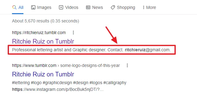 How a tumblr blog description appears in the Google search results