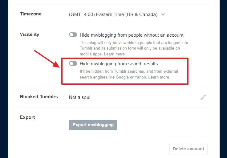 Scroll-down to Visibility section. Turn-off the Hide your_blog_name from search results option. 