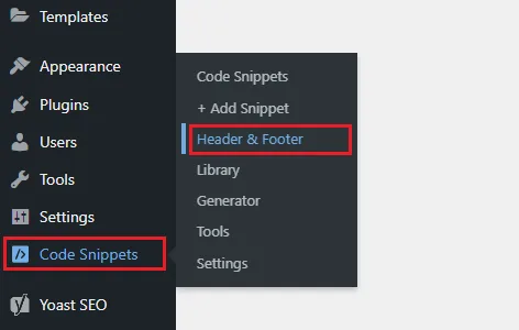 After activating the plugin it will appear in the sidebar with the name Code Snippets. Click the Header & Footer tab.