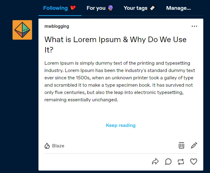 This is how a published post appears on Tumblr dashboard. The post is fully loaded when a user clicks on the Keep reading link, as I have shown in the next step.