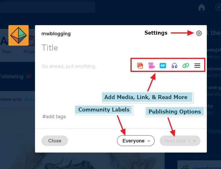 This is the Tumblr Rich Text Editor. Its Settings, Options, and Editing Tools are explained in the following sections i.e. Settings, Add Media, Links, and Read More, Community Labels, Publishing Options
