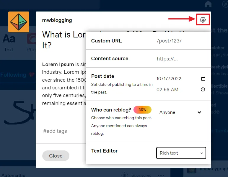 On the Text Editor, click the Settings icon located at top-right corner. The Settings include: Custom URL,Content Source, Post Date, Who can reblog, and Text Editor